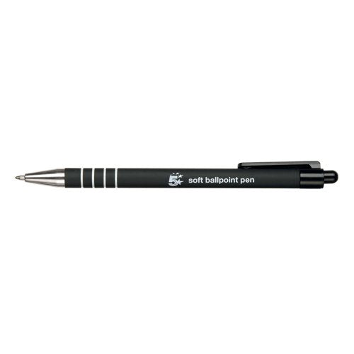 5 Star Retractable Ball Pen Soft Grip Medium 1mm Tip 0.5mm Line Black (Pack of 12) 918508