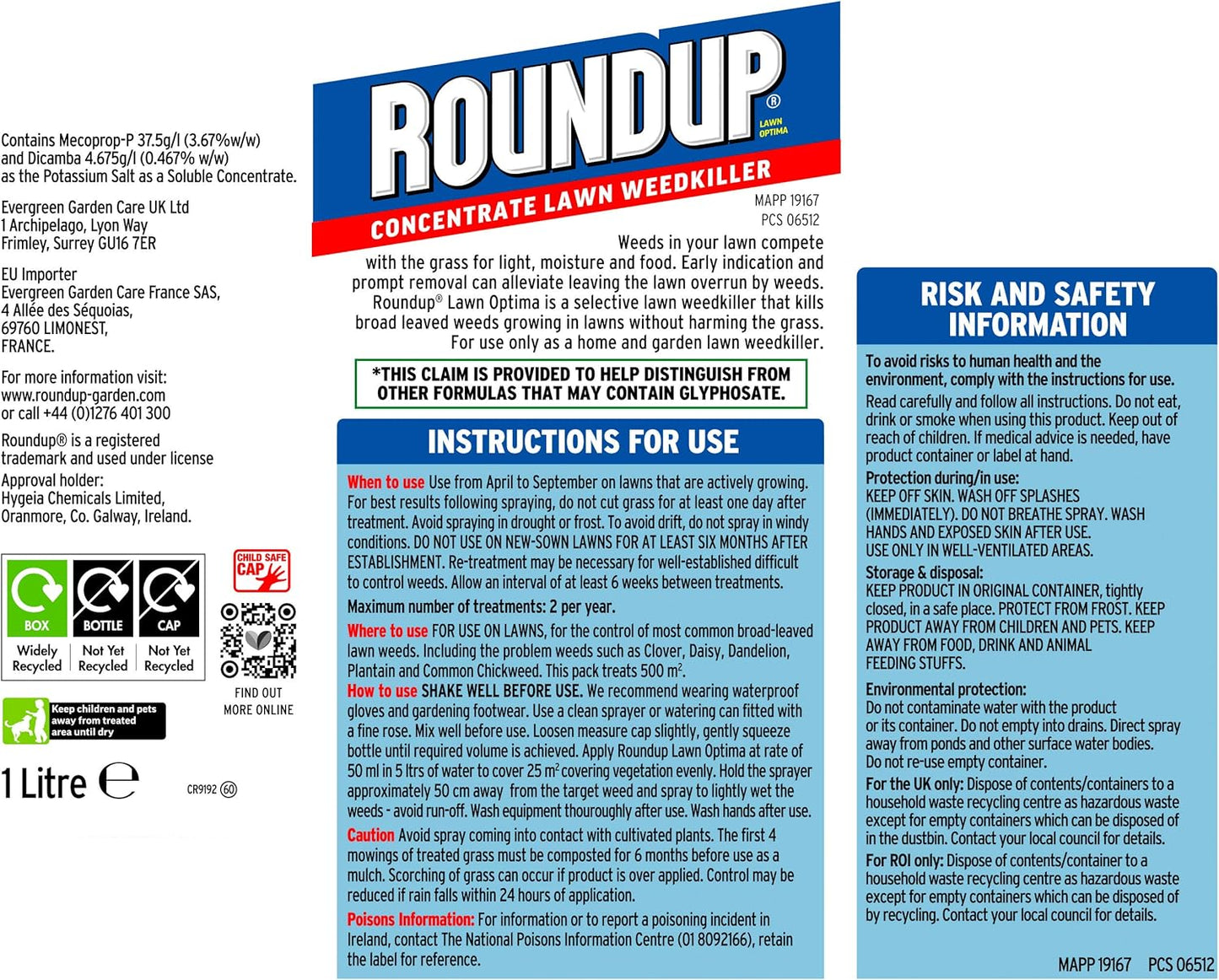 Roundup Powerful Lawn Weed Killer | Glyphosate-Free |Highly Concentrated | 1 Litre, Blue