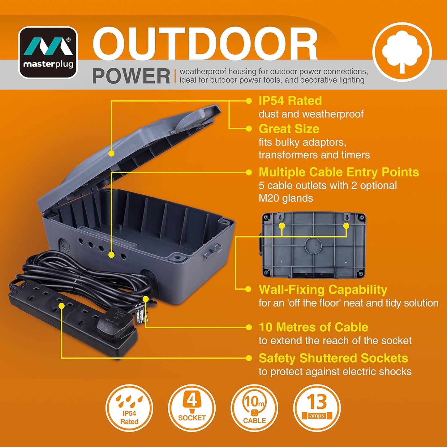 Masterplug Weatherproof Electric Box & 10m 4 Gang Extension Lead