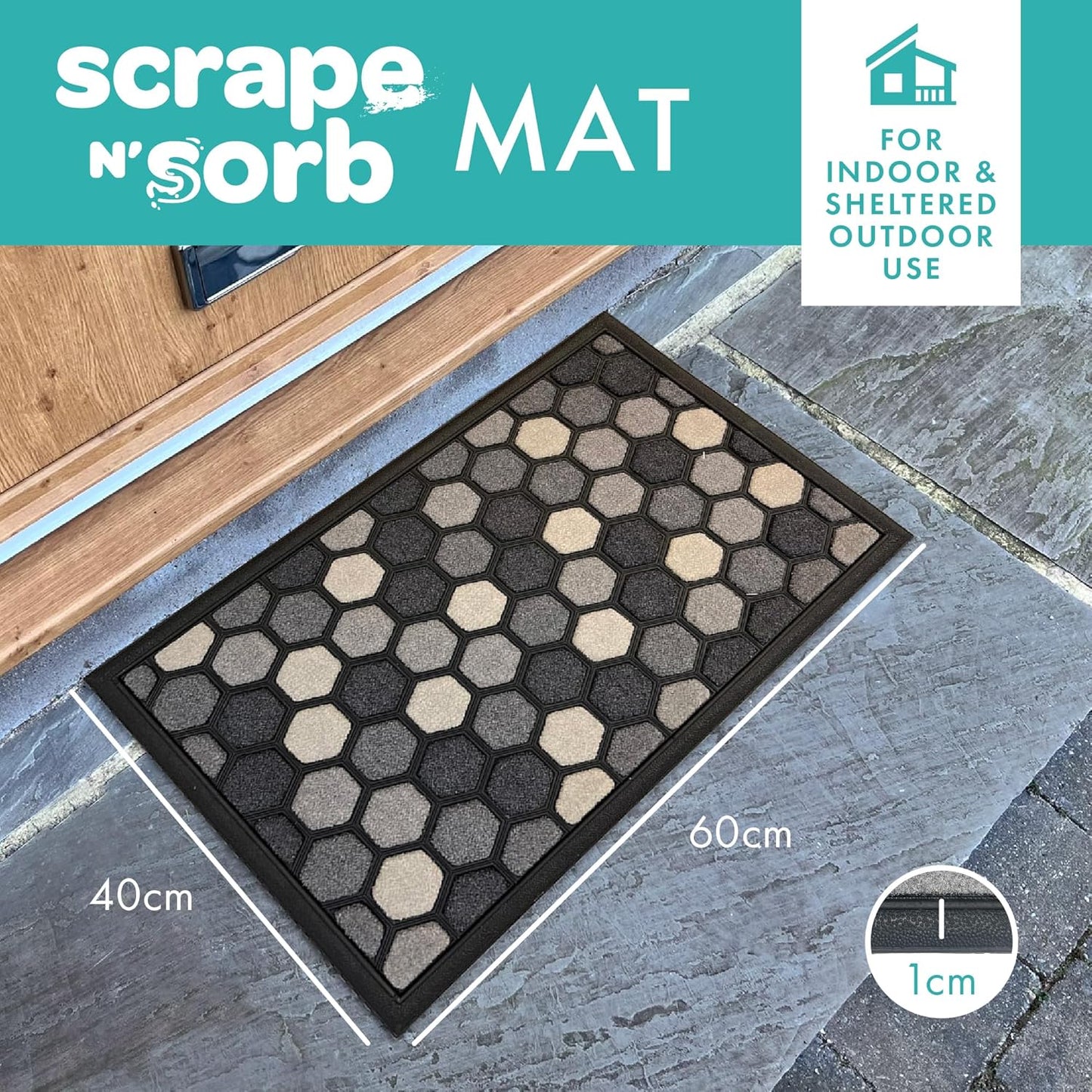 Scrape 'N' Sorb Premium Doormat | Honeycomb | 40 x 60cm | Durable Nylon Pile