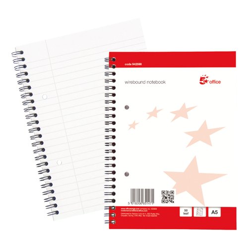 5 Star Wirebound Notebook Ruled Margin Perforated 2 Holes 100 Page A5+ Red/White (Pack of 10) 94