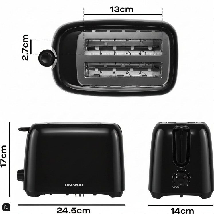 Daewoo Essentials 2 Slice Toaster |  Black | 700W