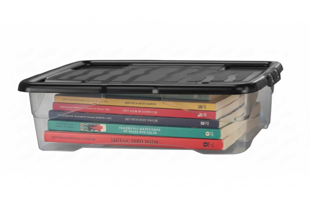 Strata Curve Clear Plastic Storage Box U/Bed 42 Litre (Black Lid) (HW209)