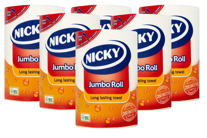 Nicky Jumbo White Kitchen Roll 2Ply, Min 200 Sheet.