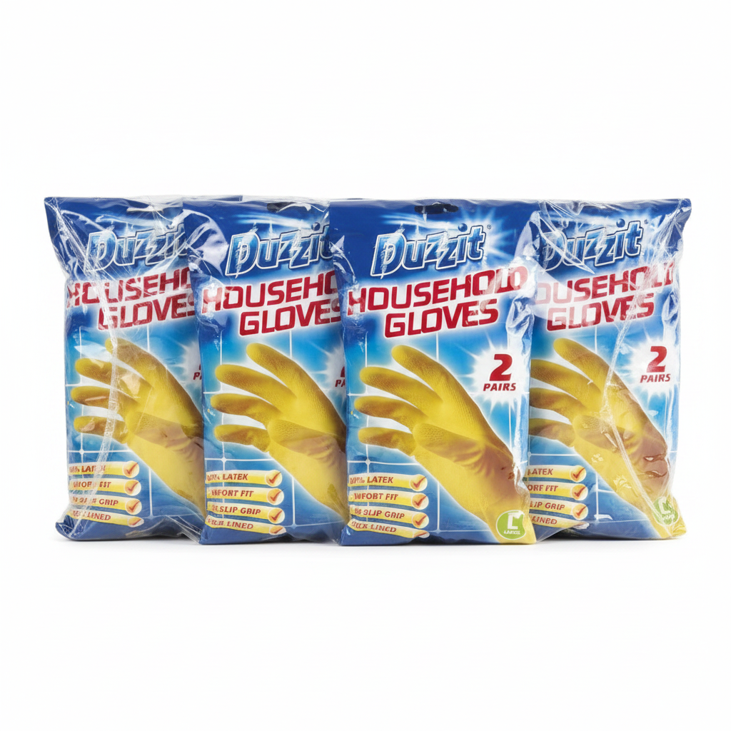 Duzzit Household Gloves | 100% Latex | Comfort Fit | Lined | 5 Packs Of 2 | Size Large | Yellow