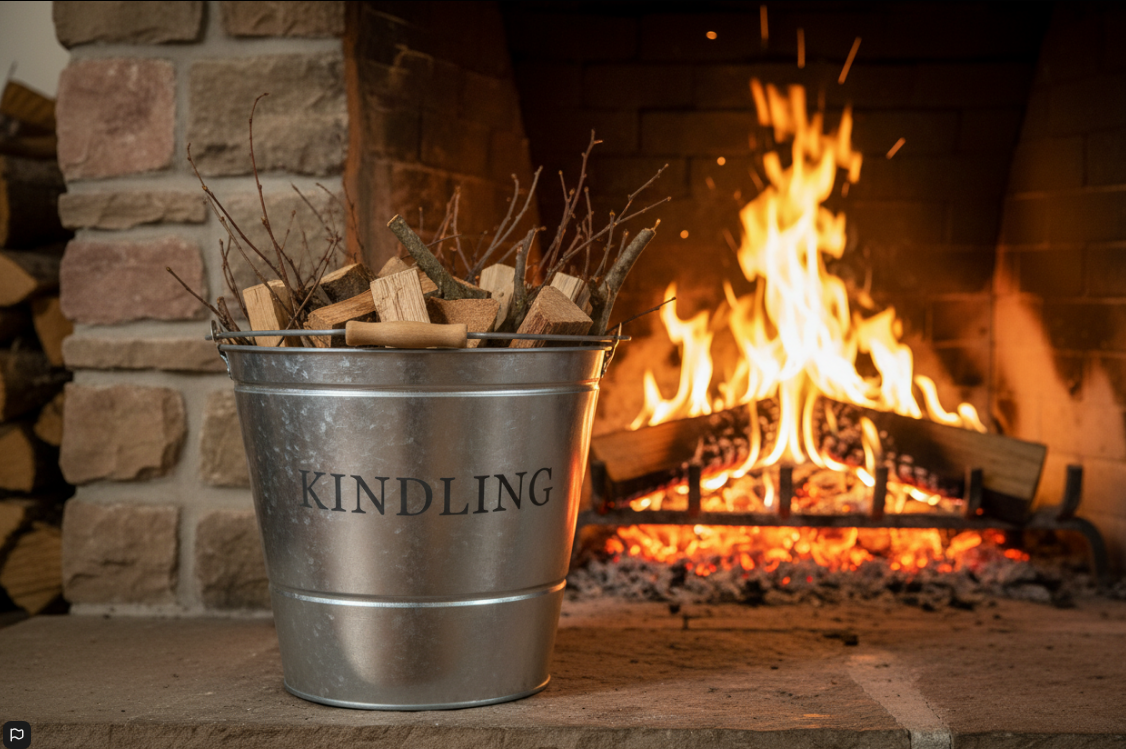 Manor Reproductions | Large Metal Fireside Kindling Bucket with Wooden Handle |Galvanised Finish
