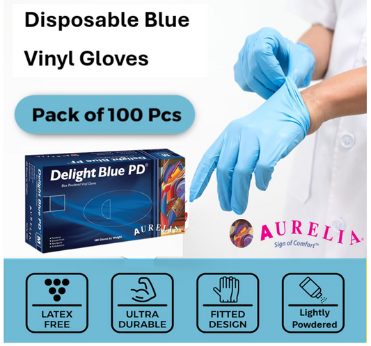 Aurelia DELIGHT Blue PD - Powdered Vinyl Examination Gloves -100's - ALL SIZES