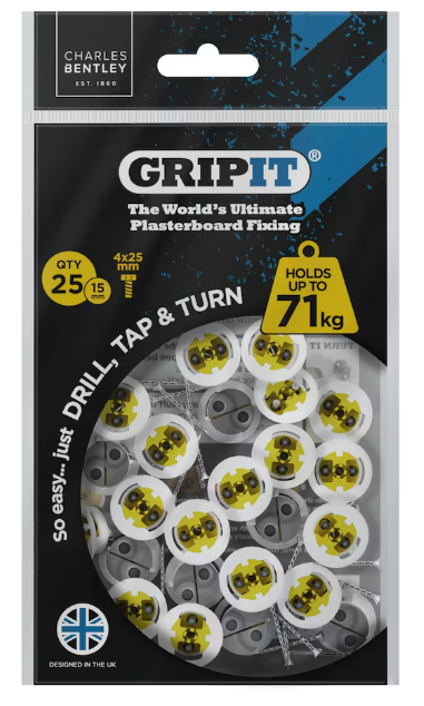 Gripit 15mm Plasterboard Fixing Stud Wall Anchor Max 71kg - Yellow - 25 Pack