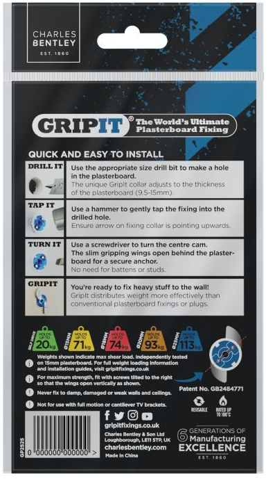 Gripit 25mm Plasterboard Fixing Stud Wall Anchor Max Load 113kg - Blue - 25 Pack