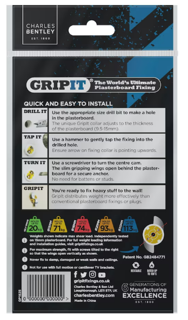 Gripit 15mm Plasterboard Fixing Stud Wall Anchor Max 71kg - Yellow - 25 Pack