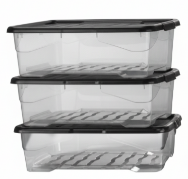 Strata Curve Clear Plastic Storage Box U/Bed 42 Litre (Black Lid) (HW209)