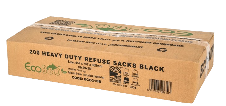 Janit-X Eco Black Refuse Sacks Bin Bags Heavy Duty 15kg CHSA (18x29x38) 200 Bags