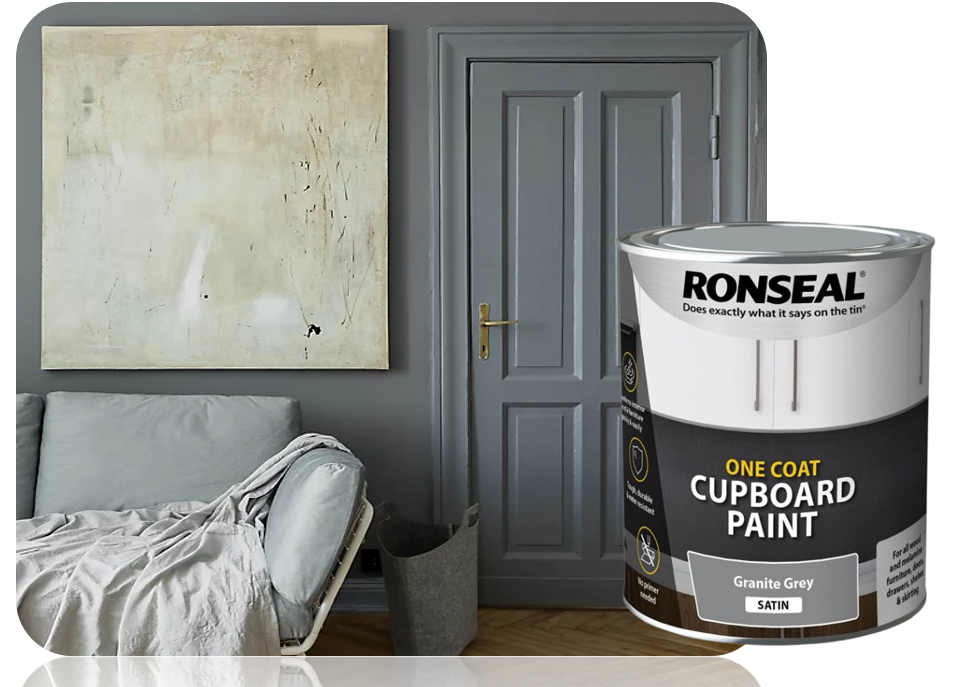 Ronseal One Coat Cupboard & Interior Wood Paint Satin Granite Grey 750ml.