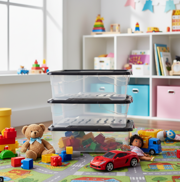 Strata Curve Clear Plastic Storage Box U/Bed 42 Litre (Black Lid) (HW209)