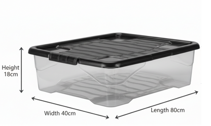 Strata Curve Clear Plastic Storage Box U/Bed 42 Litre (Black Lid) (HW209)