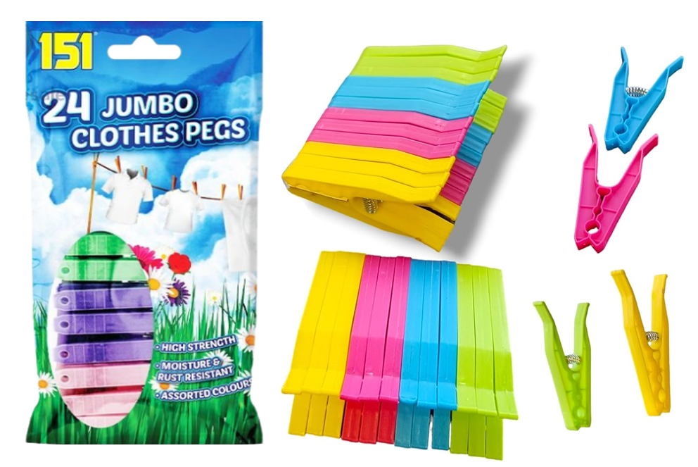 Jumbo Multi Coloured All Weather Plastic Clothes Pegs 24pk
