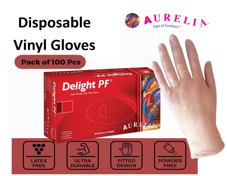 Aurelia DELIGHT Powder Free Clear Disposable Vinyl Gloves, Boxed 100 ALL SIZES