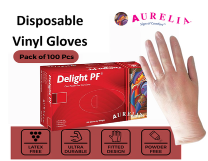 Aurelia DELIGHT Powder Free Clear Disposable Vinyl Gloves, Boxed 100 ALL SIZES
