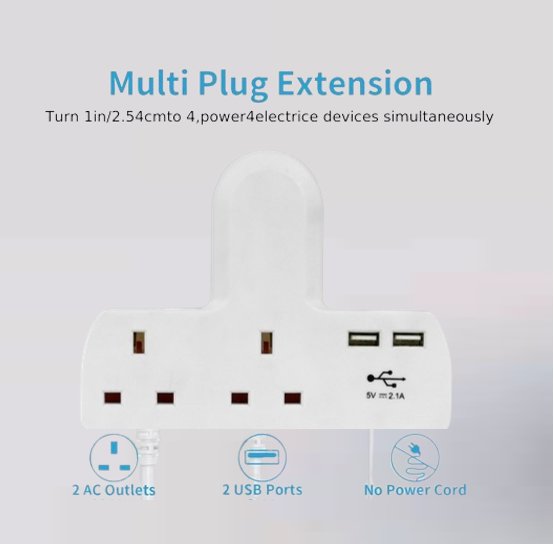 Securlec T-Shape 2 Way Adaptor With 2 USB points
