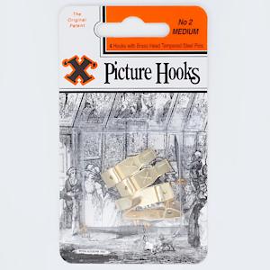Single Hooked {No.2} Brass Plated Picture Hanging Hooks Pack of 4