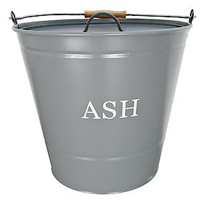 Fireside Powder Coated Steel Grey w/ Lid Wooden Grip Fireplace Accessory Large Ash Bucket.