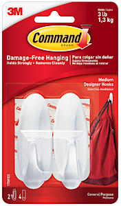 Command Bath Designer Hooks, White, Water Resistant - 2 Medium Hooks And 4 Adhesive Strips