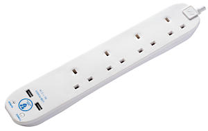 Masterplug Four Socket Surge Protected Extension Lead With Two Usb Charging Ports, 2M, White