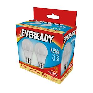Eveready LED Warm White GLS B22 60W Light Bulb 2pk