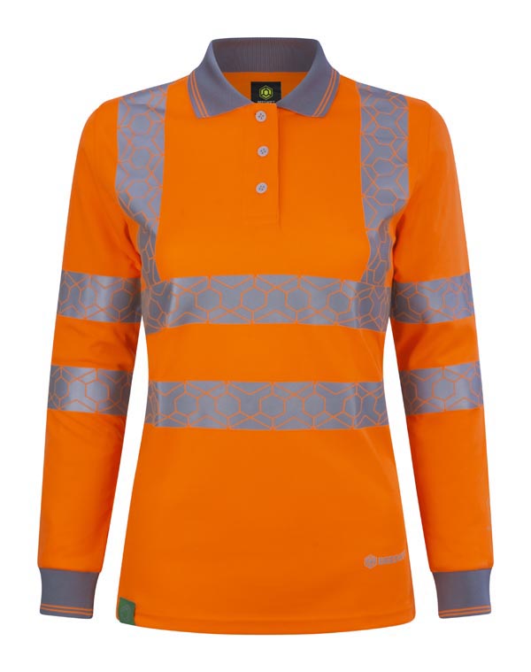 Ewear Recyclable Womens Hi Vis L/S Polo Shirt Orange ALL SIZES
