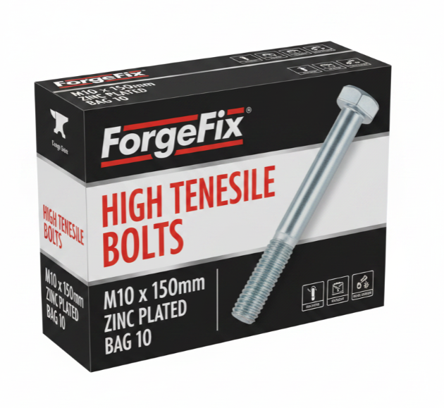 ForgeFix High Tensile Bolts | M10 x 150mm | Zinc Plated | Bag 10