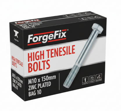 ForgeFix High Tensile Bolts | M10 x 150mm | Zinc Plated | Bag 10