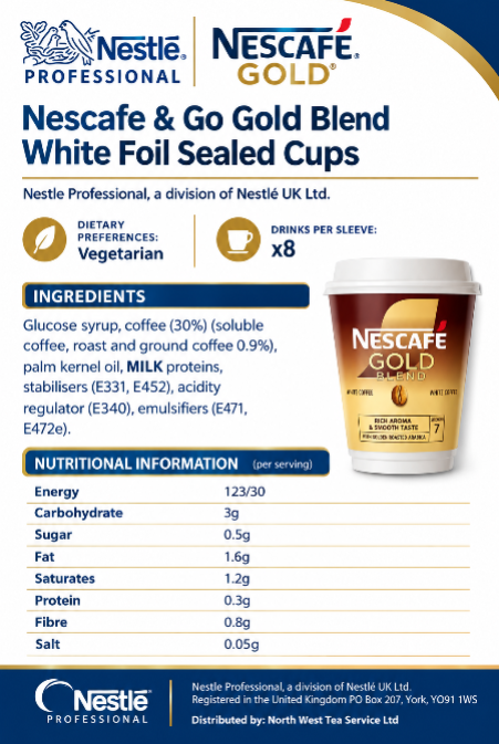 Nescafe &Go! Gold Blend White Cups 8 x 12oz Cups