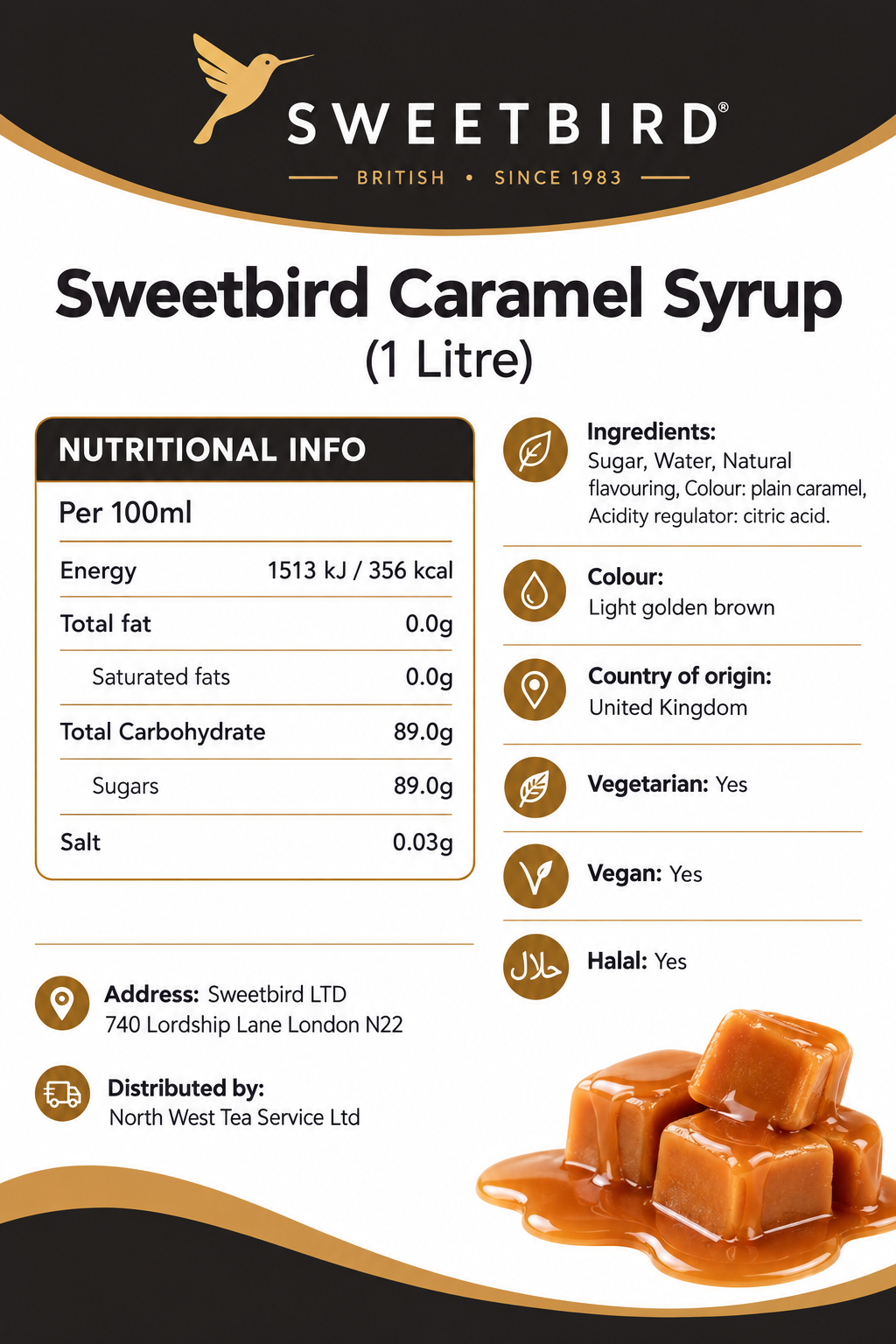 Sweetbird Caramel Coffee Syrup 1litre (Plastic)