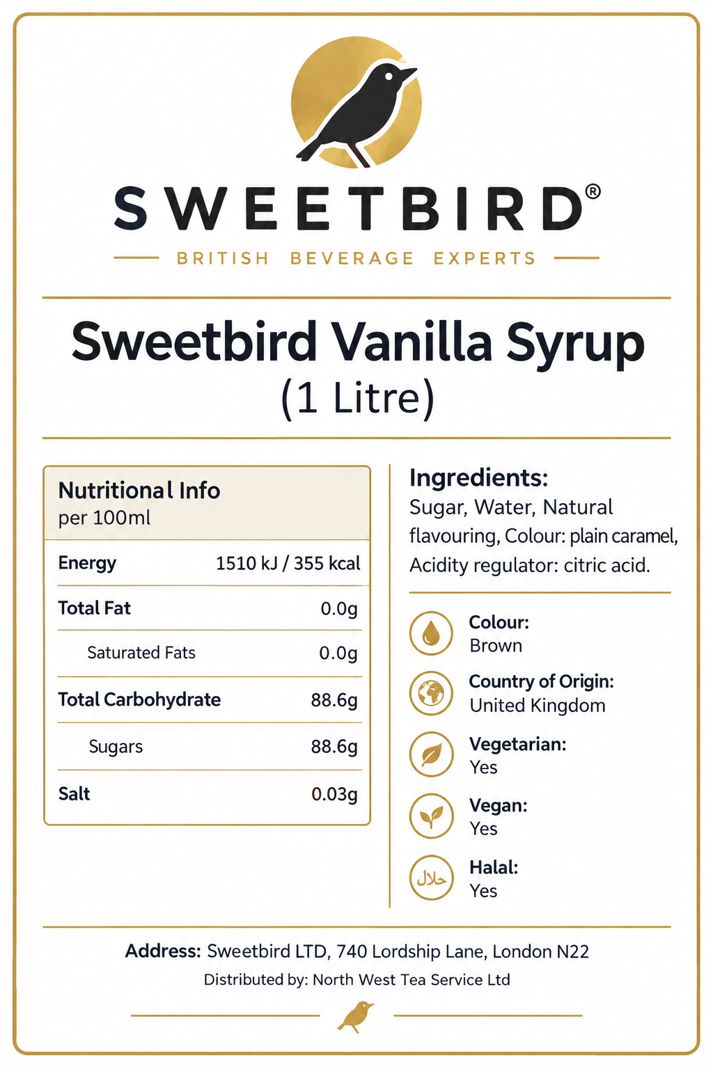 Sweetbird Vanilla Coffee Syrup 1 litre (Plastic)