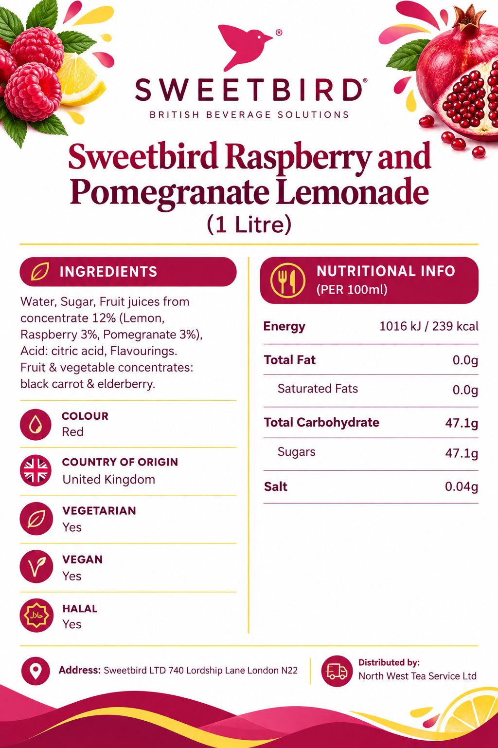 Sweetbird Raspberry & Pomegranate Lemonade Syrup 1litre (Plastic)