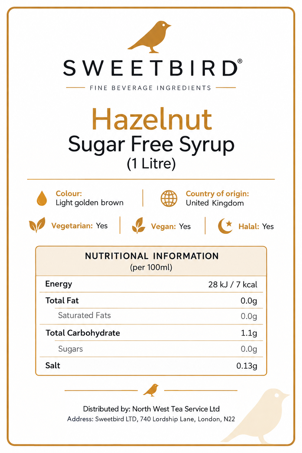 Sweetbird Sugar Free Hazelnut Coffee Syrup 1litre (Plastic)