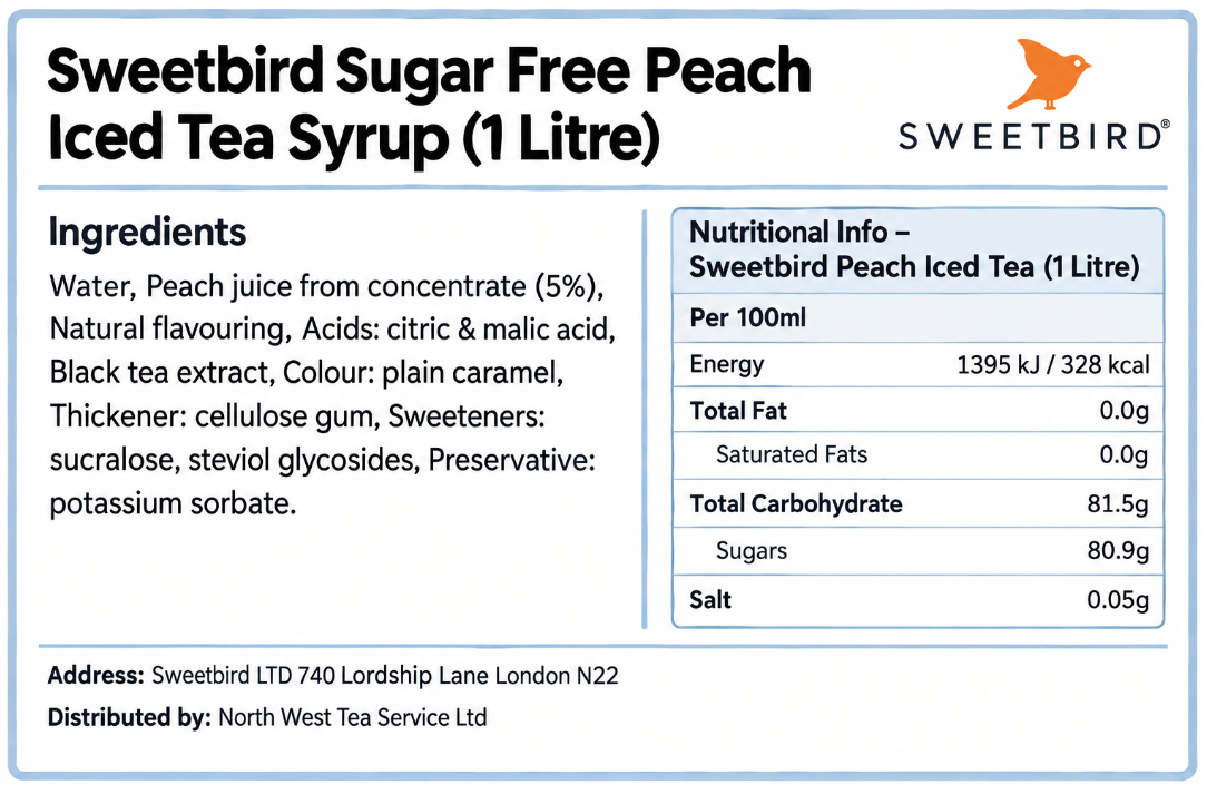 Sweetbird Sugar Free Peach Iced Tea Syrup 1litre (Plastic)