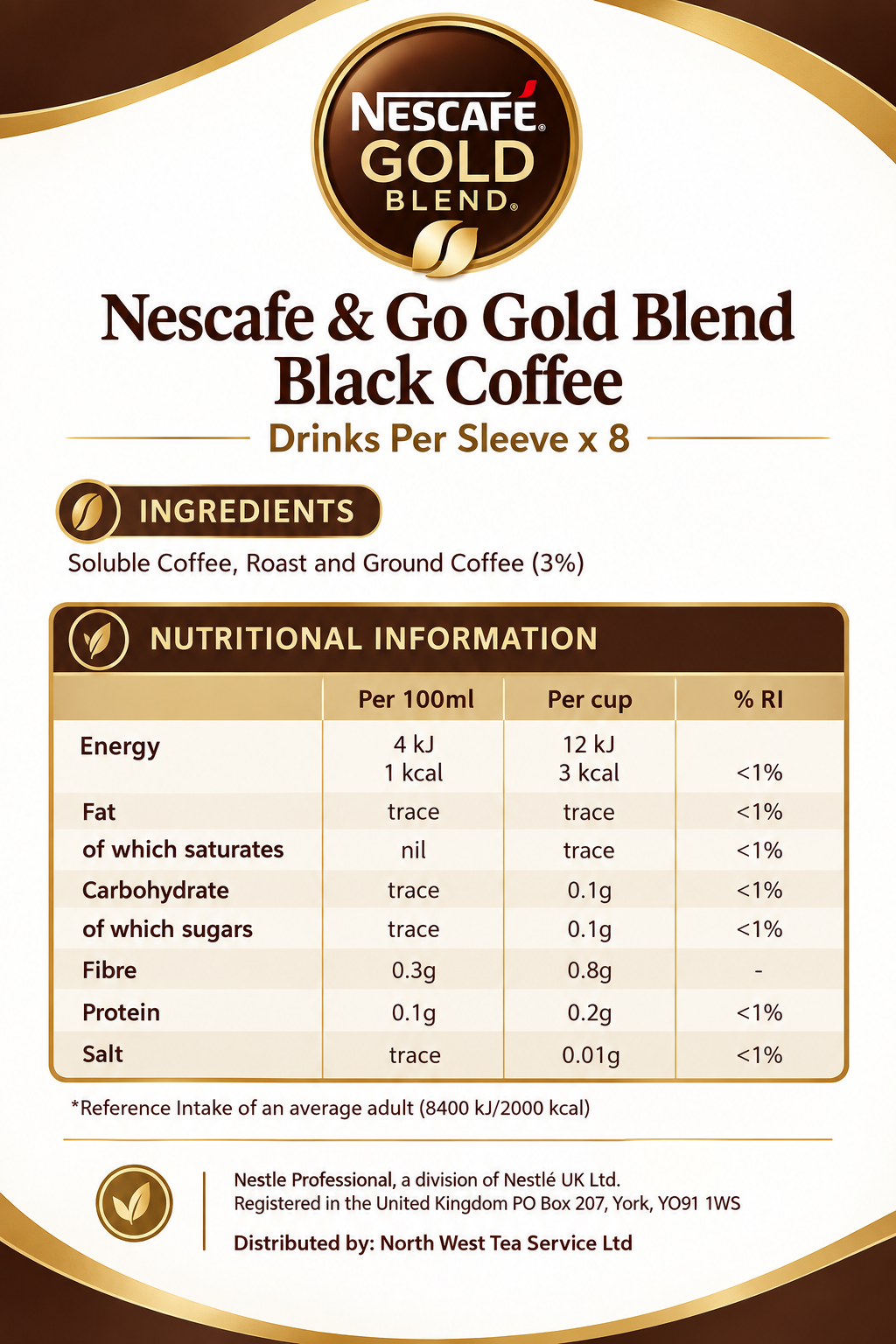 Nescafe &Go! Gold Blend Black Cups 8 x 12oz Cups
