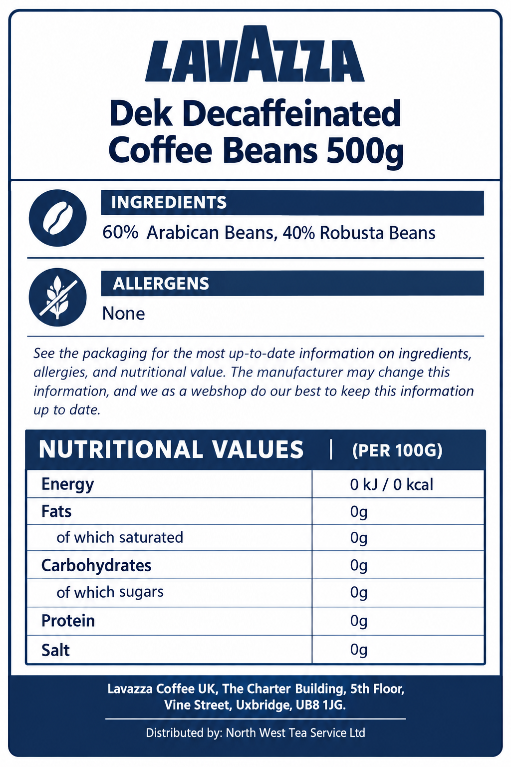 Lavazza Dek Decaf Coffee Beans 500g