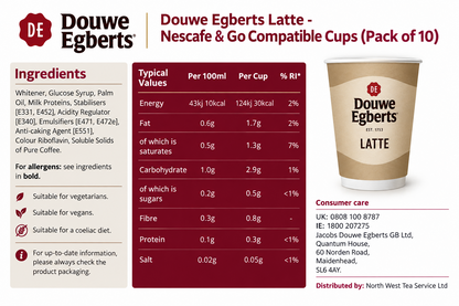 Douwe Egbert Pure Latte 12oz On The Go (10 Cups)