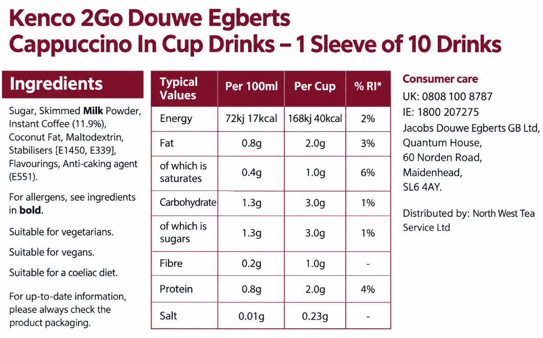 Douwe Egbert Cappuccino 12oz On The Go (10 Cups)