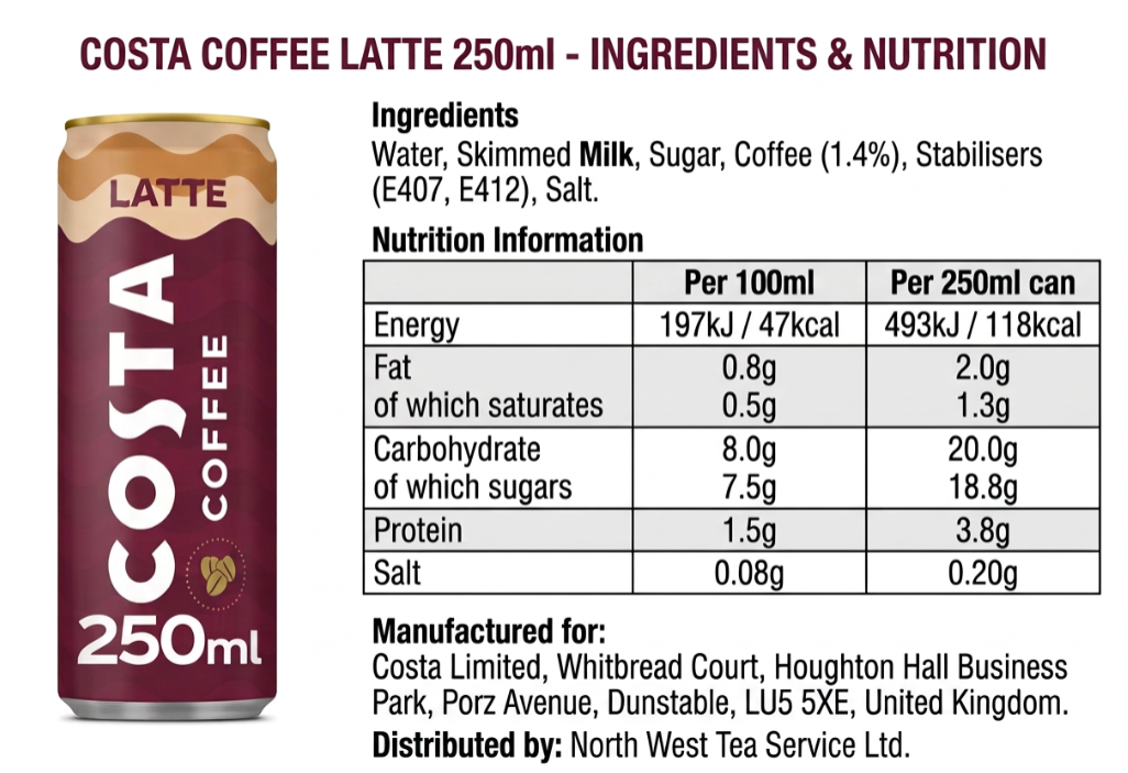 Costa Coffee Latte Iced Coffee 12x250ml