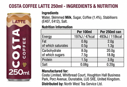 Costa Coffee Latte Iced Coffee 12x250ml