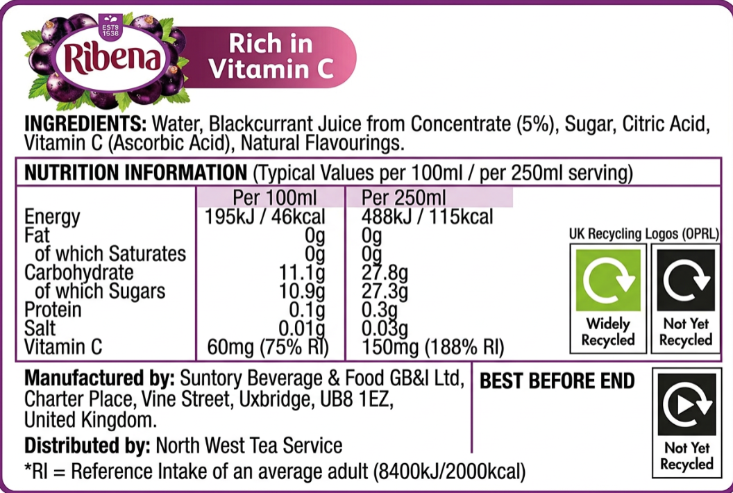 Ribena Blackcurrant Juice Kid Party Vitamin C Flavour Fruit Carton Pack 24x250ml