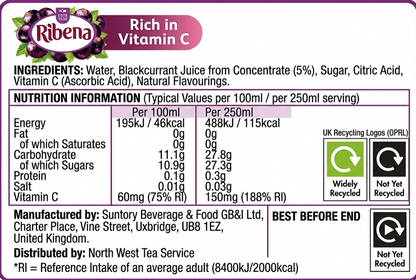 Ribena Blackcurrant Juice Kid Party Vitamin C Flavour Fruit Carton Pack 24x250ml