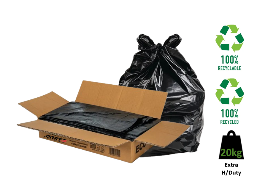 Janit-X Eco Black Refuse Sacks Bin Bags Extra Heavy Duty 20kg (18x29x38) 200 Bags