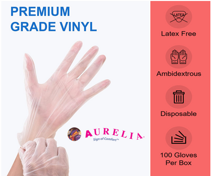 Aurelia DELIGHT Powder Free Clear Disposable Vinyl Gloves, Boxed 100 ALL SIZES