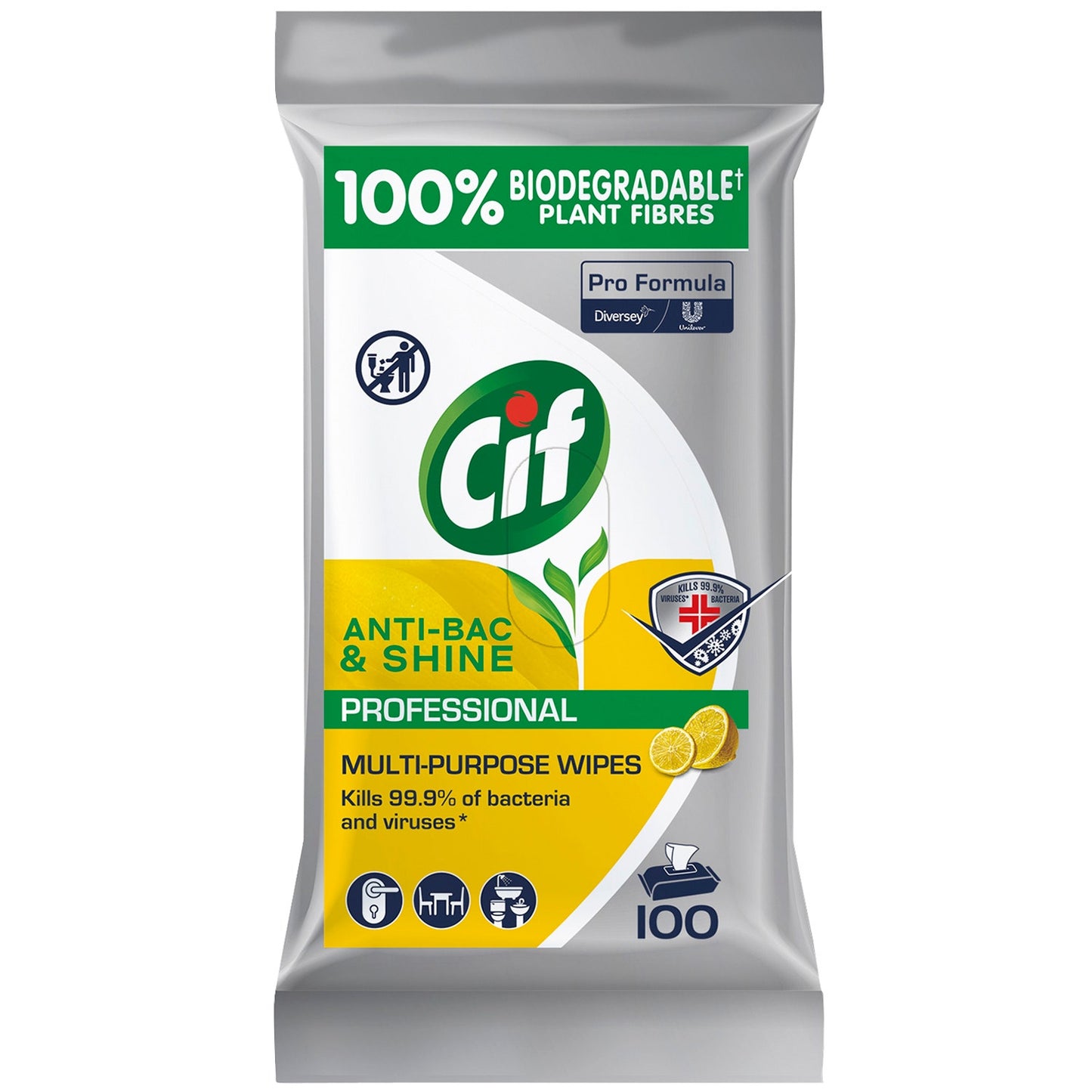 Cif Pro Formula Anti Bacterial & Shine Multipurpose Lemon Wipes 100's