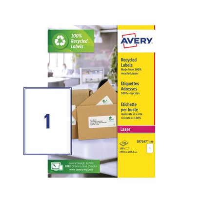 Avery Laser Labels Recycled 1 Per Sheet White (Pack of 100) LR7167-100