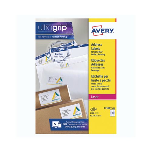Avery Ultragrip Laser Address Labels QuickPEEL 63.5x38.1mm 21 Per Sheet Wht (Pack of 2100) L7160
